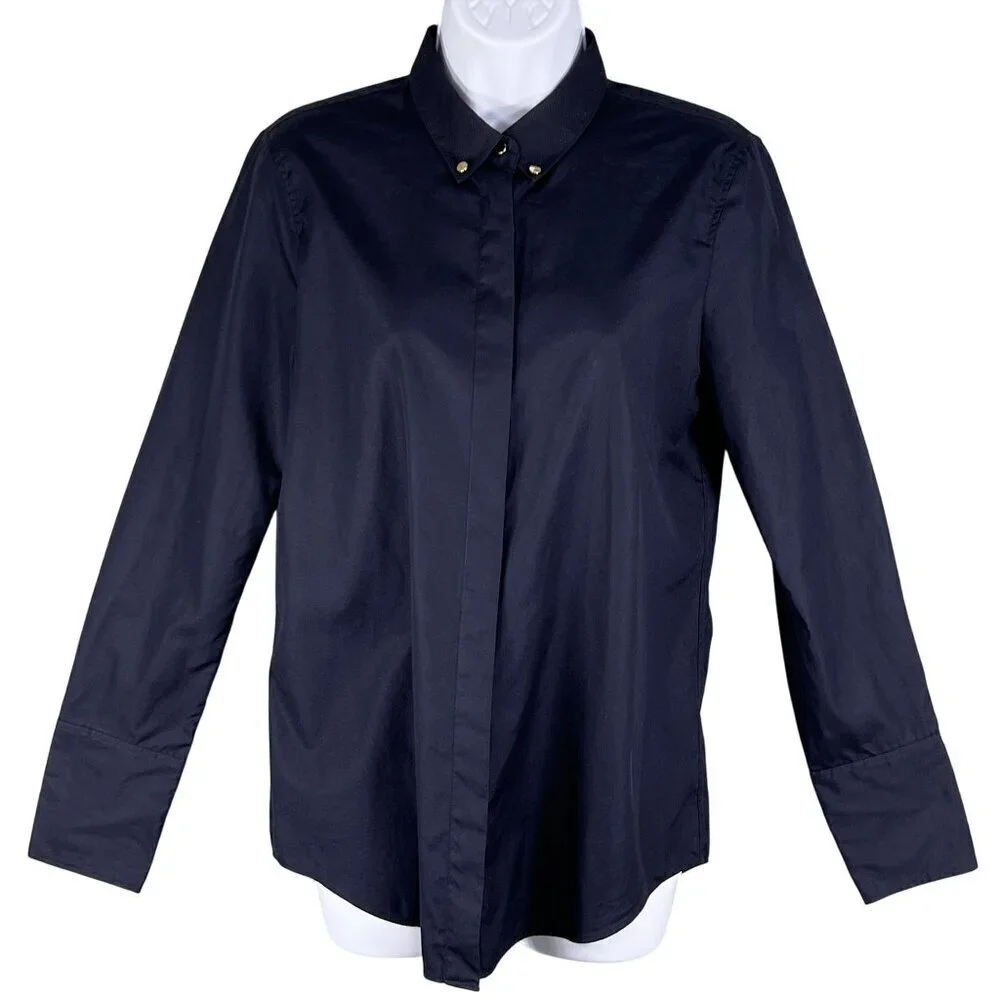 J Crew Womens S New Blue Blouse Long Sleeve Shirt Gold Stud Collar Career Preppy